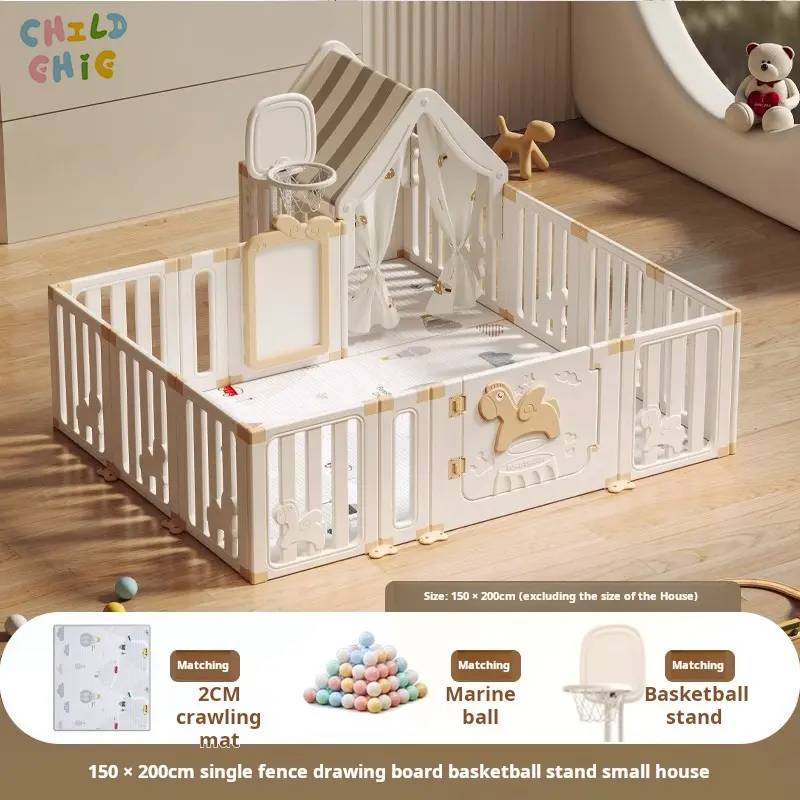 Parc pour bébé grand espace avec maisonnette, panier de basket-ball et planche à dessin, cour de jeu intérieure de sécurité pour enfants avec balles océaniques assorties