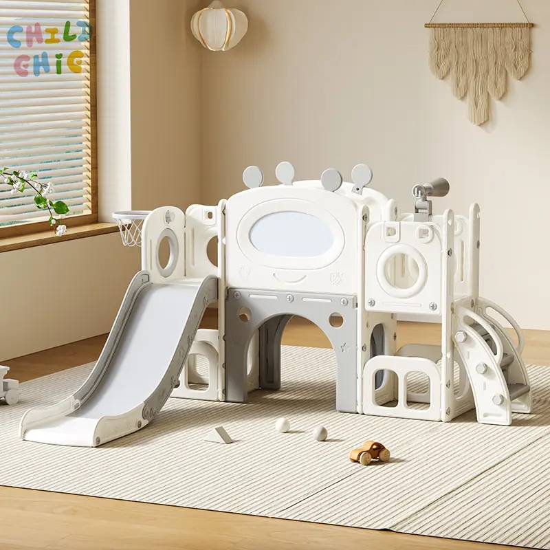 Cartoon Castle Kids Slide Playhouse with Climbing Ladder Basketball Hoop Mirror Indoor Activity Play Set for Home Use