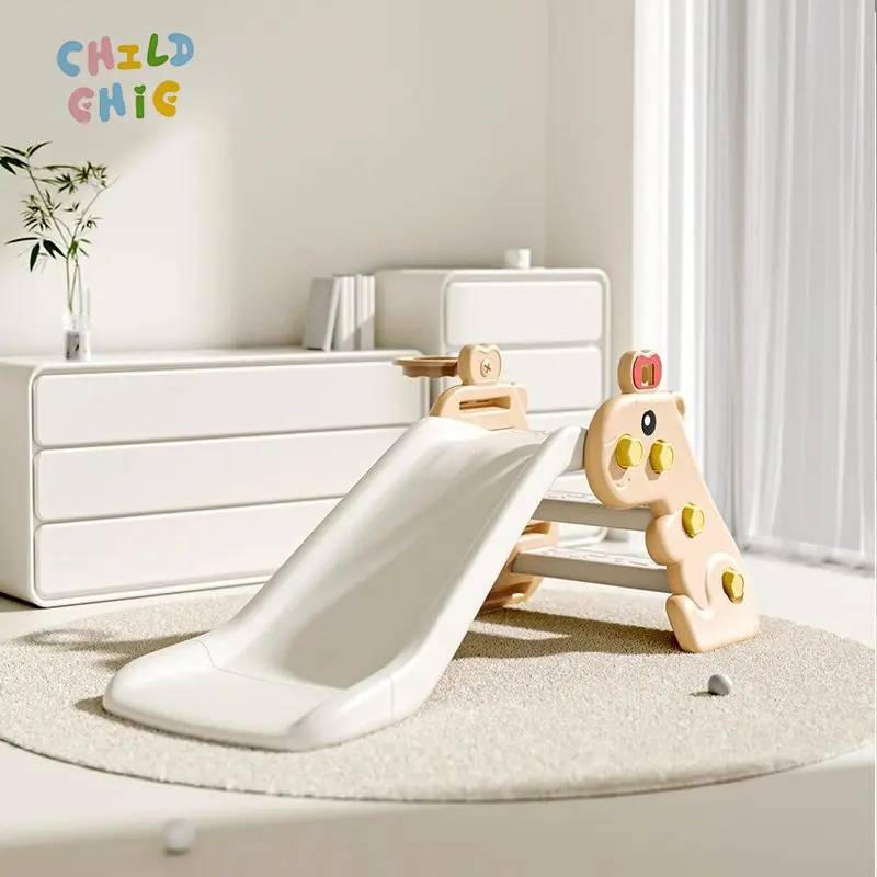 Kids Indoor Slide with Basketball Hoop Cream Neutral Plastic Freestanding Toddler Play Slide Safe for Home Nursery Play
