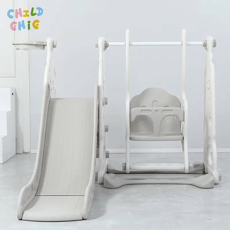 Cute Cloud 3 In 1 Kids Slide Swing Basketball Hoop Combo Safe Plastic Play Equipment Indoor Playground Set for Home Bedroom Nursery